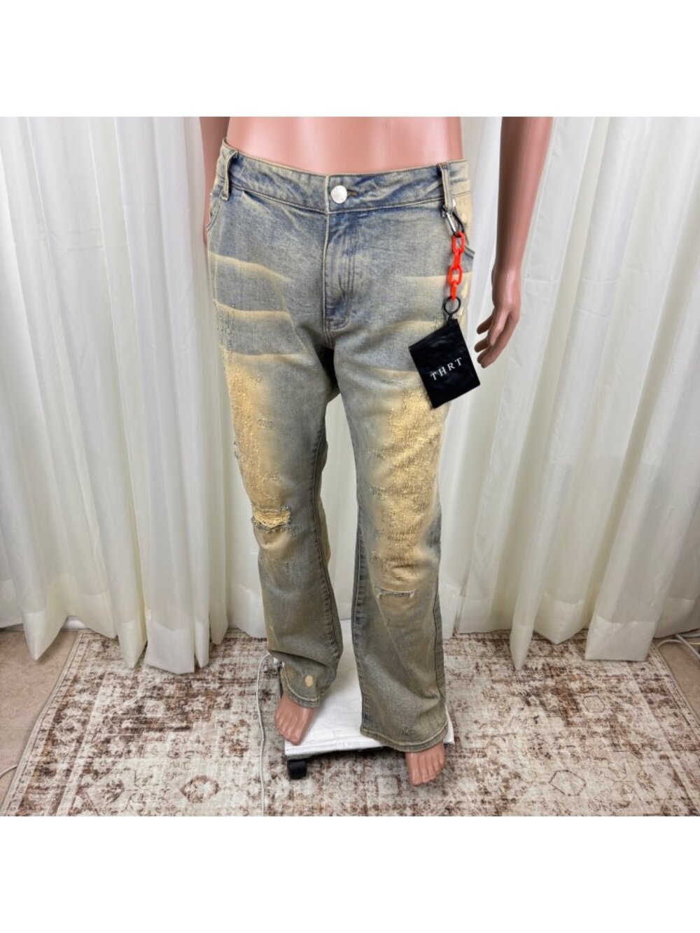 NWOT Mens THRT Victor Flare Stack Denim Jeans Sz 44 Distressed Acid Wash Faded